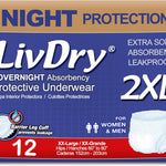 LivDry 2XL Overnight Adult Diapers for Women and Men, XXL Incontinence Underwear, 60”-80" Waist, Disposable Pull-On Briefs, XX-Large, 12 Pack