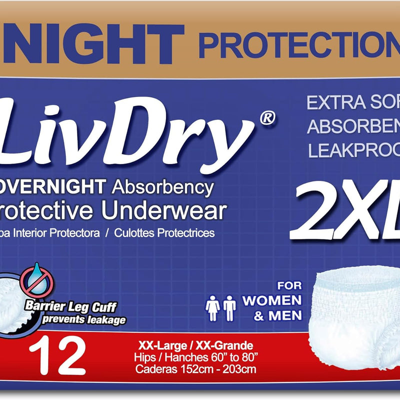 LivDry 2XL Overnight Adult Diapers for Women and Men, XXL Incontinence Underwear, 60”-80" Waist, Disposable Pull-On Briefs, XX-Large, 12 Pack