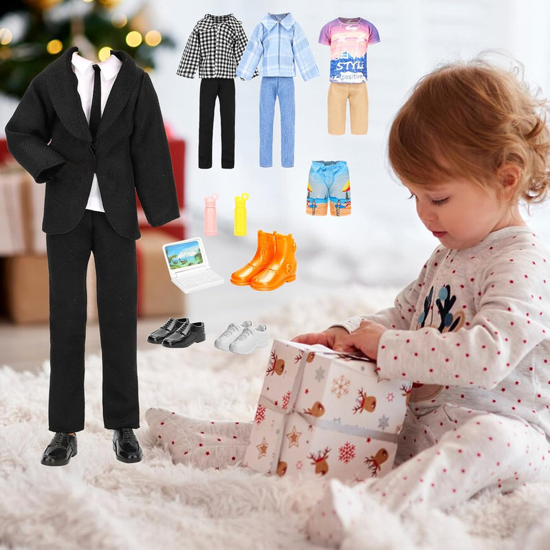 Miunana Lot 16 Items Doll Clothes & Accessories Classic Black Suit for Boy Doll Include Random 4 PCS Casual Wear + 5 PCS Dolls Pants + 3 Pairs of Shoes Laptop Water Bottles