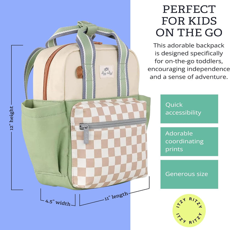 Itzy Ritzy Toddler Backpack, Daycare Bag w/Spacious Interior, Checkerboard | Adjustable Straps, Wipeable Lining, 2 Side Pockets, Front Zipper, & Name Label - Keeps Essentials Organized for Daily Travel