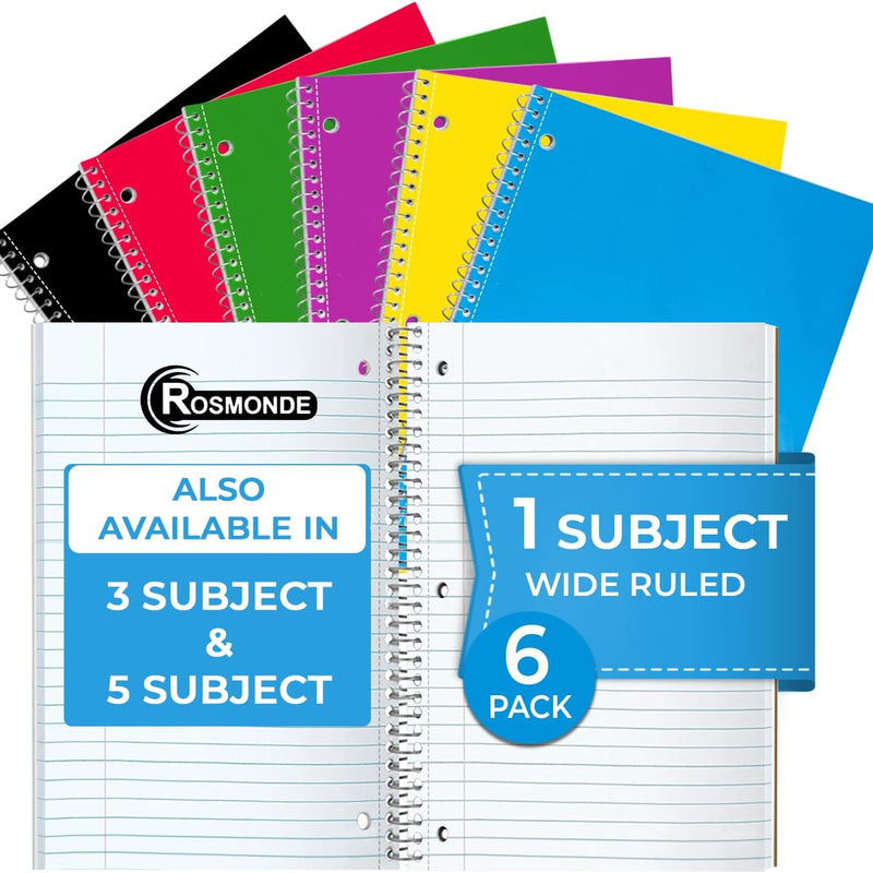 Rosmonde Spiral Notebooks, 12 Pack, 1 Subject Notebook, Wide Ruled, 70 Sheets, 8 x 10-1/2", 3 Hole Punched, School Supplies, Bulk Single Subject Spiral Notebook Bulk, Assorted Colors Pack of Notebooks