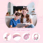QearFun Kids Cat Ear Bluetooth Headphones, 60H, 74/85/94dB Volume Limit | Wireless headphones for kids with mic, fast charging, foldable design, wired mode for girls boys, school, tablet, travel