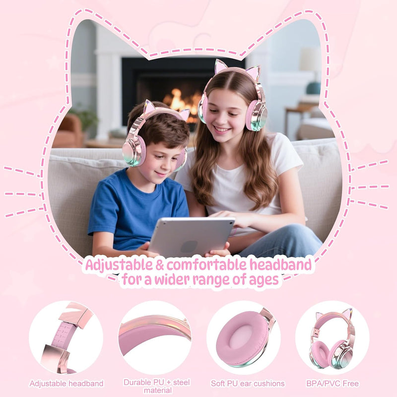 QearFun Kids Cat Ear Bluetooth Headphones, 60H, 74/85/94dB Volume Limit | Wireless headphones for kids with mic, fast charging, foldable design, wired mode for girls boys, school, tablet, travel