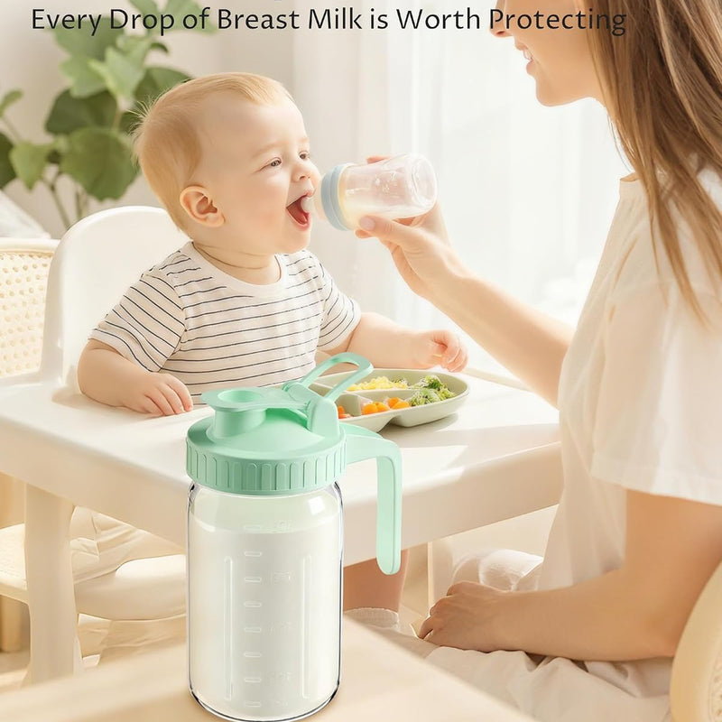32oz Mason Jar Pitcher, Glass Breast Milk Pitcher with Lid | BPA Free, Airtight, Leak proof, Wide mouth, Pour Spout Lid, Fridge/ Dishwasher safe, Ergonomic handle, Formula container