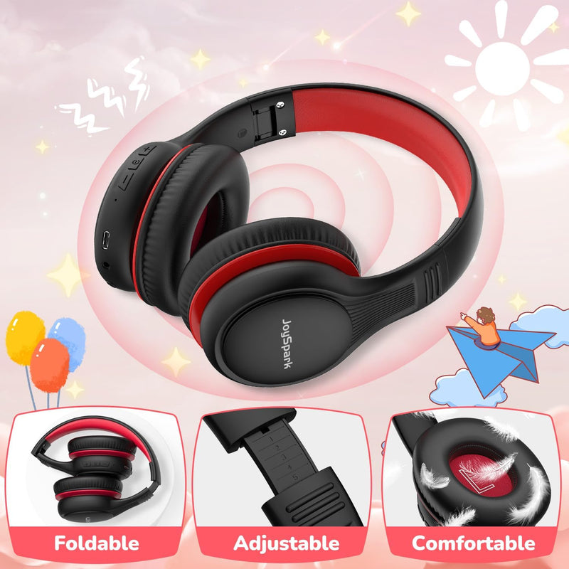 JoySpark Kids Bluetooth Headphones, 60 Hours Playtime, Bluetooth 5.4 Kids Headphones Wireless, Type-C Fast Charging, 85/94dB Volume Limited, Foldable Toddler Wireless Headsets with Mic-Black Red