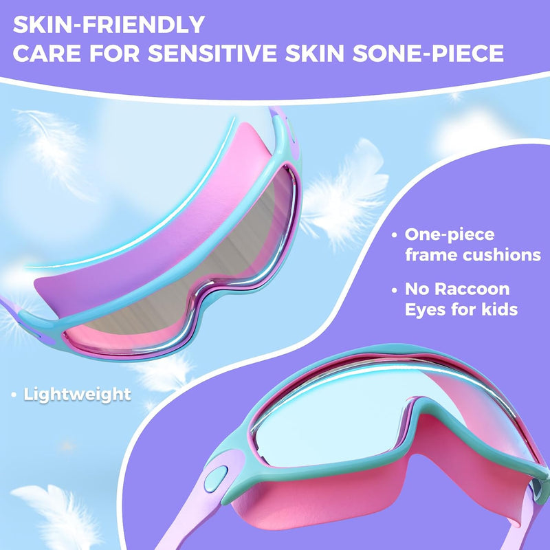 3 Pack Swimming Goggles, Kid Goggles with Earplugs Large Frame Anti-Fog/UV Wide View Swim Goggles Boys Girls 6-14