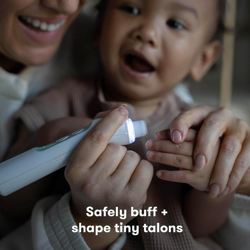 Frida Baby Electric Nail Buffer, Safe Baby Nail File & Trimmer Kit, White | For Newborn & Toddler Fingernails and Toenails, 4 Buffer Pads, LED Light, Storage Case, White