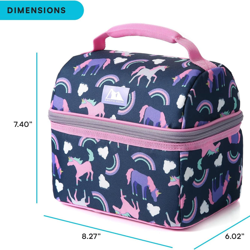 Arctic Zone Kids Lunch Box Combo with Gel Ice Pack and Sandwich Container, 2 Compartment Insulated Bucket for Travel Lunch, Unicorn Princess