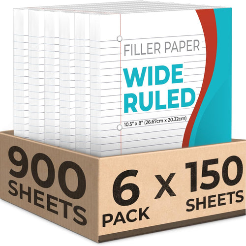 Rosmonde Loose Leaf Paper, 900 Sheets, 6 Pack, Wide Ruled, 8" x 10.5", Bulk Office Filler Sheets, 3 Hole Punched, 150 Sheets/Pack, Wide Ruled for 3 Ring Binder, Filler Notebook Paper, White