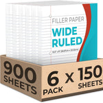 Rosmonde Loose Leaf Paper, 900 Sheets, 6 Pack, Wide Ruled, 8" x 10.5", Bulk Office Filler Sheets, 3 Hole Punched, 150 Sheets/Pack, Wide Ruled for 3 Ring Binder, Filler Notebook Paper, White