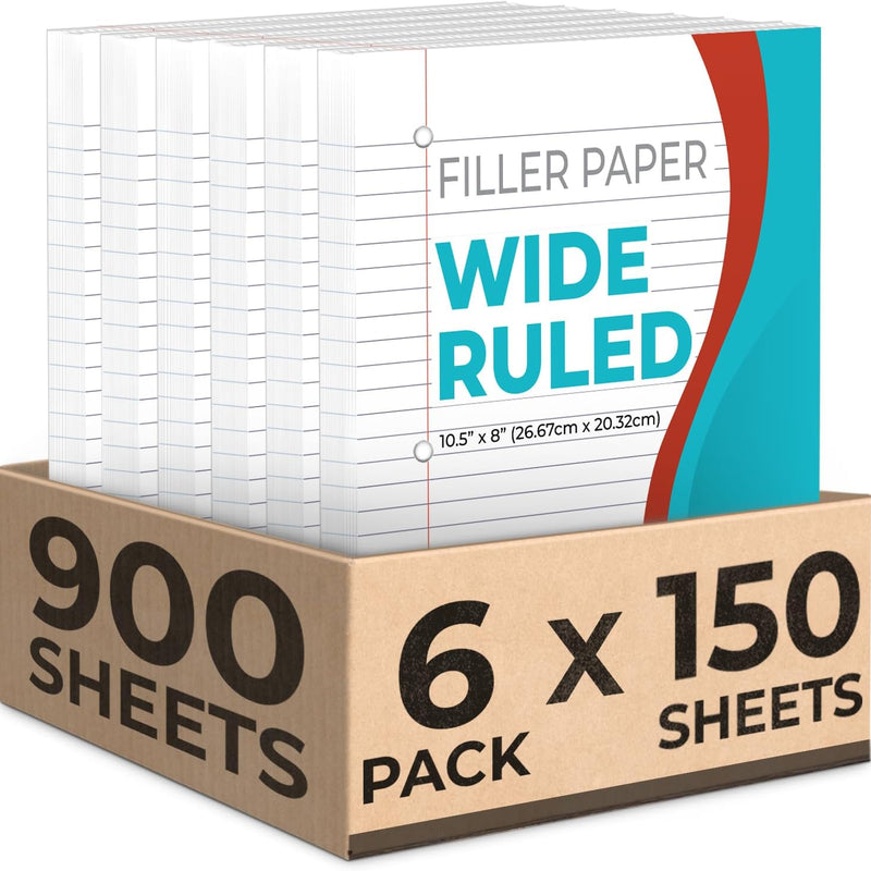 Rosmonde Loose Leaf Paper, 900 Sheets, 6 Pack, Wide Ruled, 8" x 10.5", Bulk Office Filler Sheets, 3 Hole Punched, 150 Sheets/Pack, Wide Ruled for 3 Ring Binder, Filler Notebook Paper, White