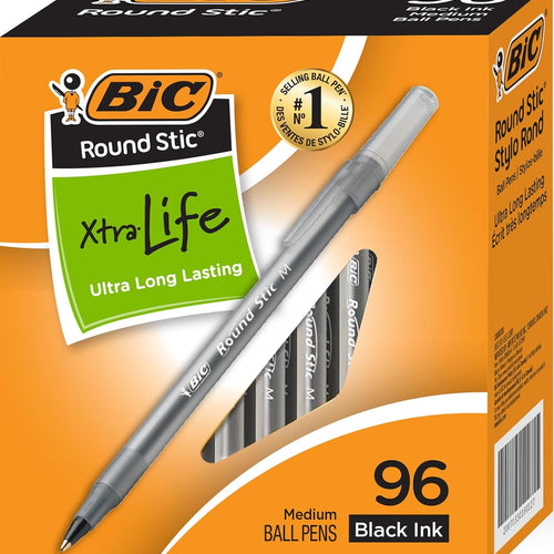 BIC Round Stic Xtra Life Ballpoint Pens - Medium Point 1.0mm, Ultra Long Lasting and Consistent Ink Flow, Pack of 96 Black Pens