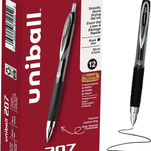 uniball™ 207 Gel Pens, Black Ink, 0.5mm Micro Point, Retractable, 12 Count, Smooth Writing, Fraud-Resistant, uni Super Ink™