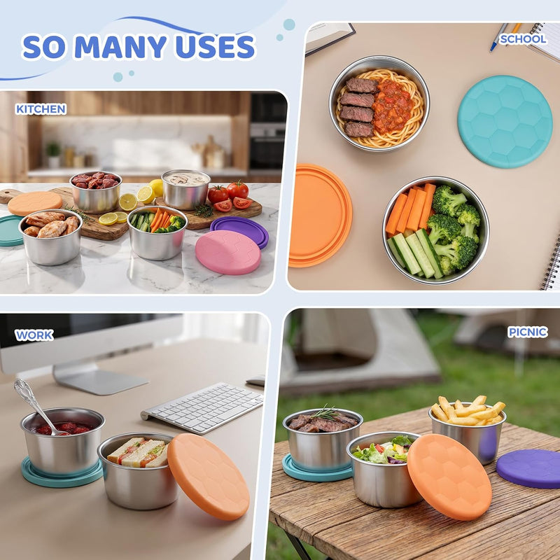 6Pack 8oz Stainless Steel Snack Containers for Kids, Reusable Small Metal Food Containers with Silicone Lids, Stackable Metal Toddler Lunch Box for Daycare, School and Outdoor (1CUP)