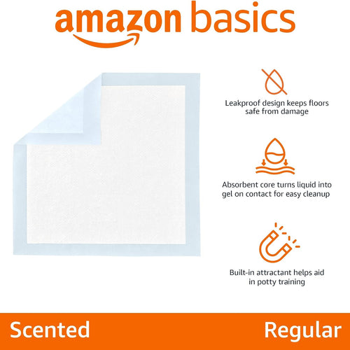 Amazon Basics Scented Dog and Puppy Potty Training Pee Pads, 5-Layer Leak-Proof Super Absorbent with Quick-Dry Surface, Regular Size 22 x 22 Inch, Blue, 150 Count