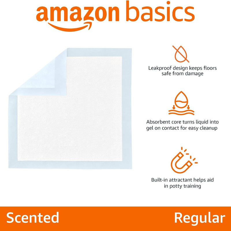 Amazon Basics Scented Dog and Puppy Potty Training Pee Pads, 5-Layer Leak-Proof Super Absorbent with Quick-Dry Surface, Regular Size 22 x 22 Inch, Blue, 150 Count