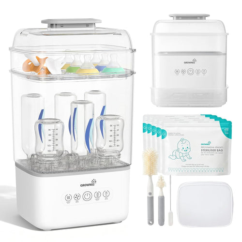 Grownsy Space Saving Baby Bottle Sterilizer and Dryer with Travel Set | Holds 6 to 8 Bottles & Pump Parts, Nesting Design, Fast Sanitization & Drying, Auto Sterile Storage for All Feed Stages