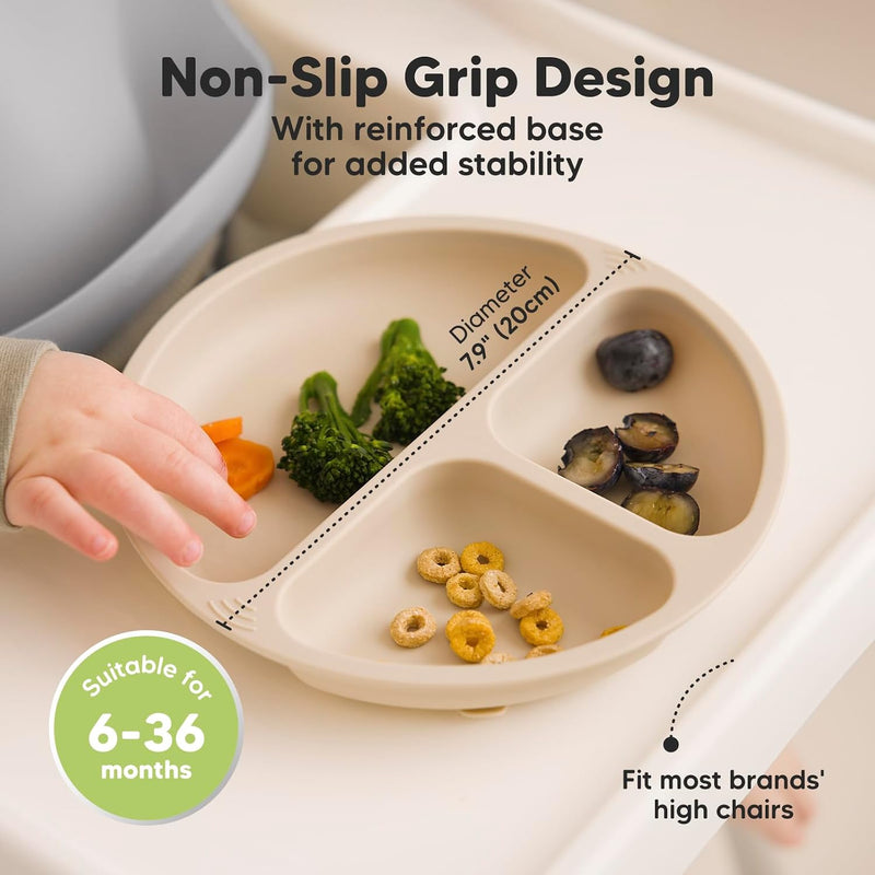 KeaBabies Suction Plates with Lids for Baby, 3-Pack, 100% Silicone (Slate) | Silicone Toddler Plates with Suction, Divided, Kids Baby Led Weaning Essentials, Dishwasher Safe, Microwave Safe, BPA-Free