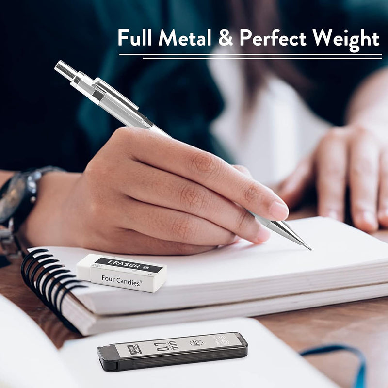 Four Candies 4PCS Metal Mechanical Pencil Set with 0.7mm Medium Point, 480 Leads, 12 Erasers, Fancy Mechanical Pencils Pack with Case for School Writing, Art Drawing & Drafting