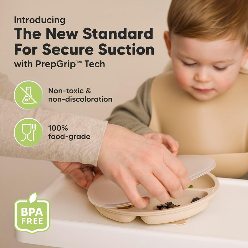 KeaBabies Suction Plates with Lids for Baby, 3-Pack, 100% Silicone (Slate) | Silicone Toddler Plates with Suction, Divided, Kids Baby Led Weaning Essentials, Dishwasher Safe, Microwave Safe, BPA-Free
