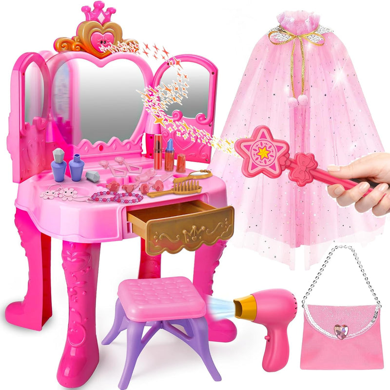 Toddler Vanity Magic Makeup Set Table & Chair Girl Toy Automatically Mirror with Music Light Pink Toys for 3 4 5 Year Old Girl Hair Salon Pretend Play Princess Dress Up Playset Valentine Gift Age 3-5