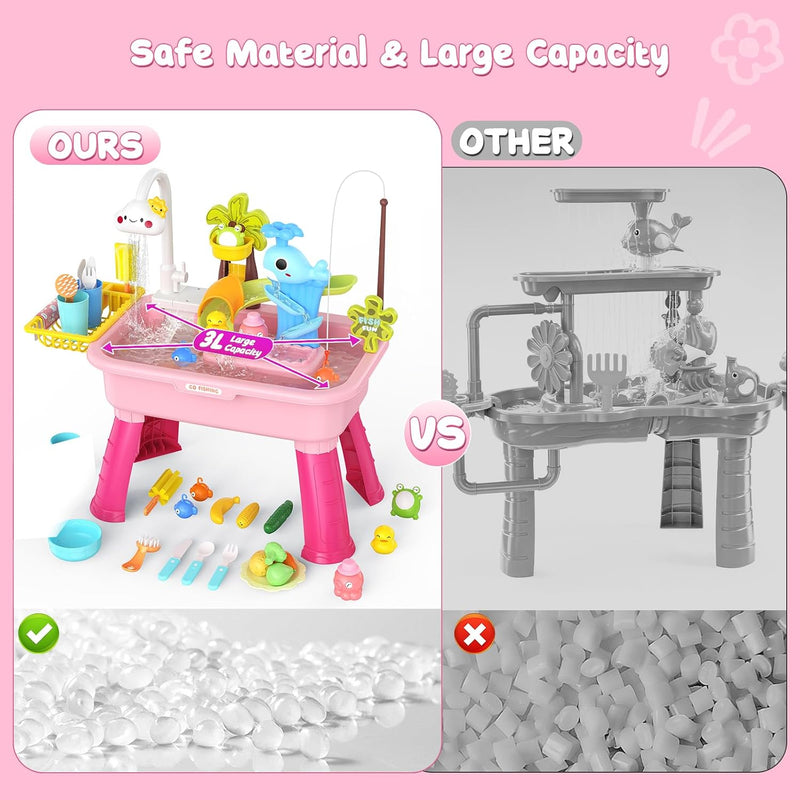 2026 Upgraded Water Table for Toddlers 1-3 - Outdoor Toys for Kids Ages 4-8 with Pump, Summer Outside Sensory Activity Pool Toys, Kitchen Play Sink Toy with Running Water, Fishing Toy, Pink
