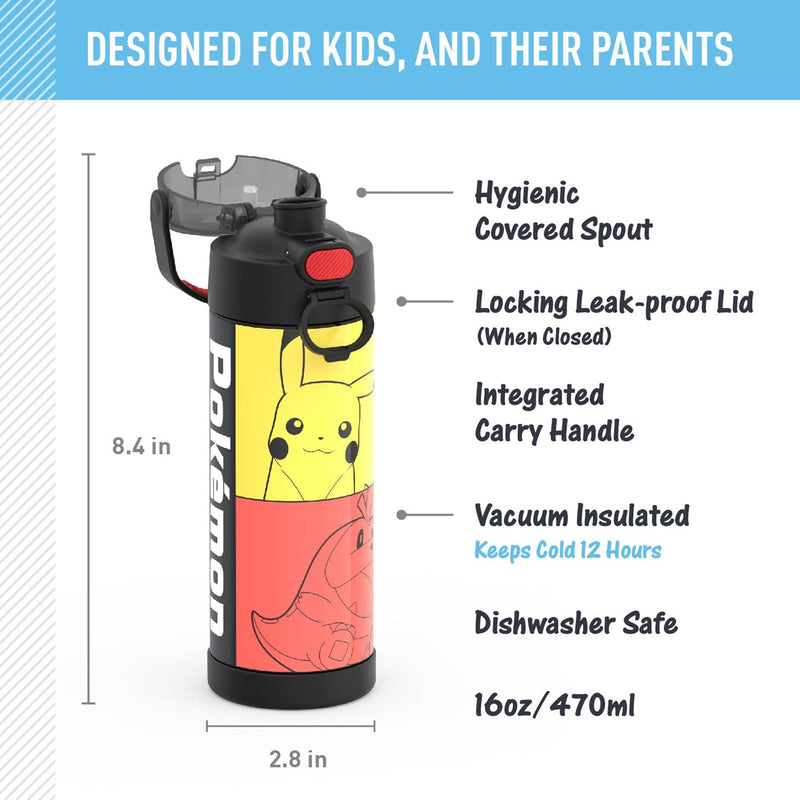 THERMOS FUNTAINER Water Bottle with Spout, 16oz, Pokemon | Kids Stainless Steel Insulated Water Bottle, Keeps Drinks Cold Longer for School & Play, BPA-Free