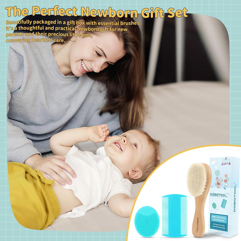 DEBETOOL 3-Piece Cradle Cap Brush Set with Comb & Baby Hair Brush | Natural Wooden Baby Brush Kit for Newborn & Infant Gentle Scalp Care