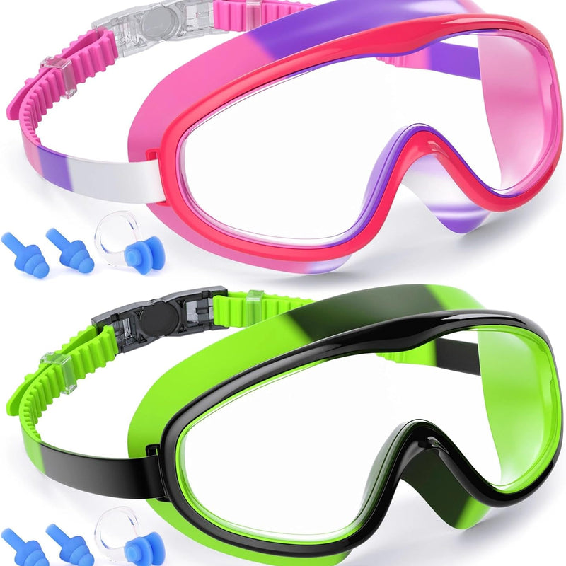 COOLOO Kids Swim Goggles for Age 3-15, 2 Pack Kids Goggles for Swimming with Nose Cover, No Leaking, Anti-Fog, Waterproof