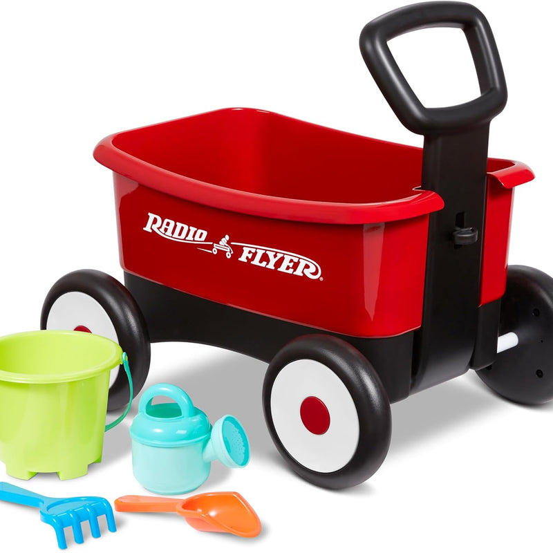 radio flyer push & pull walker wagon with garden tools, red, for kids 1-4 years old