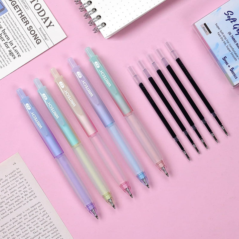 WRITECH Retractable Gel Ink Pens: 0.7mm Fine Point Black-Ink Aesthetic Gradient Color Barrel Soft Grip Medium Point Pen 5ct with 5 Refills for Journaling Smooth Writing Quick-dry No Bleed