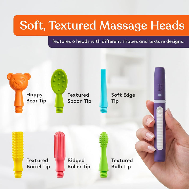 Special Supplies Buzz Buddy Oral Motor Stimulation Kit with 6 Soft Textured Interchangeable Heads, Calm Sensory Needs, Support Speech, and Stimulate Self Feeding, Gentle Vibrations (Purple)