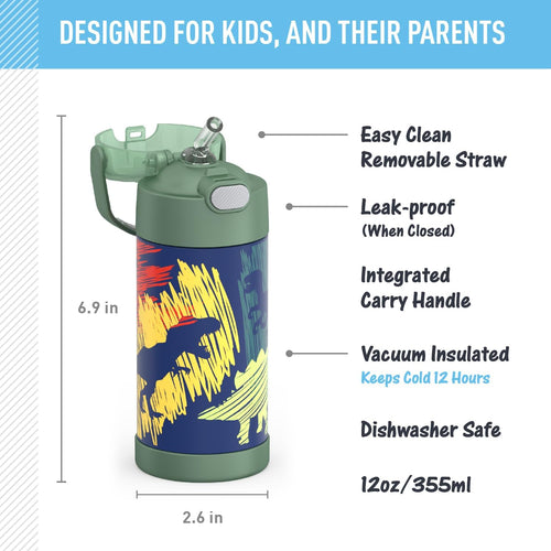 THERMOS FUNTAINER Water Bottle with Straw, 12oz, Dinosaurs | Kids Stainless Steel Insulated Water Bottle, Keeps Drinks Cold Longer for School & Play, BPA-Free