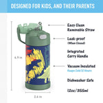 THERMOS FUNTAINER Water Bottle with Straw, 12oz, Dinosaurs | Kids Stainless Steel Insulated Water Bottle, Keeps Drinks Cold Longer for School & Play, BPA-Free