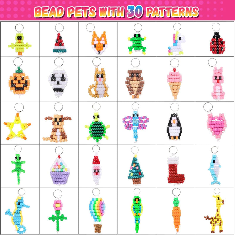 Beads for Crafts, Pony Beads Keychain Making Kit, Bead Pets for Kids Girls | Funtopia Bracelet Making kit Beaded Animal Set Birthday Party DIY Art Crafts for Girls Boys Beginners(1500 Bead, 30 Designs)