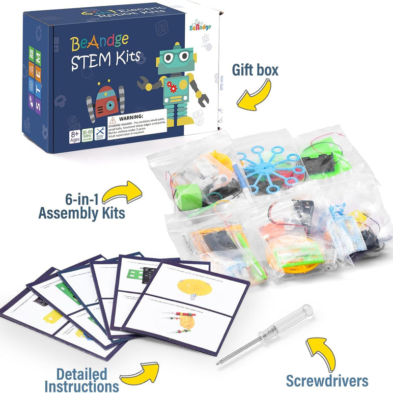 BeAndge STEM Robotics Kit for Kids, 6 IN 1 Science Experiments, Engineering Building Kids Activities 6-8