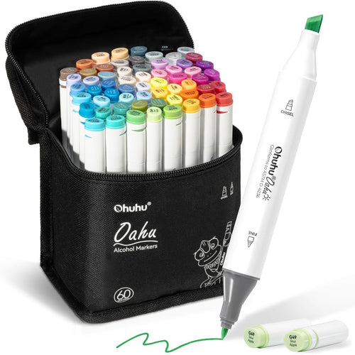 Ohuhu Alcohol Markers - AP Certificated 60-color Double Tipped Art Marker Set for Artist Adults Coloring Illustration - Chisel and Fine Dual Tips - Refillable - Oahu Series of Ohuhu Markers