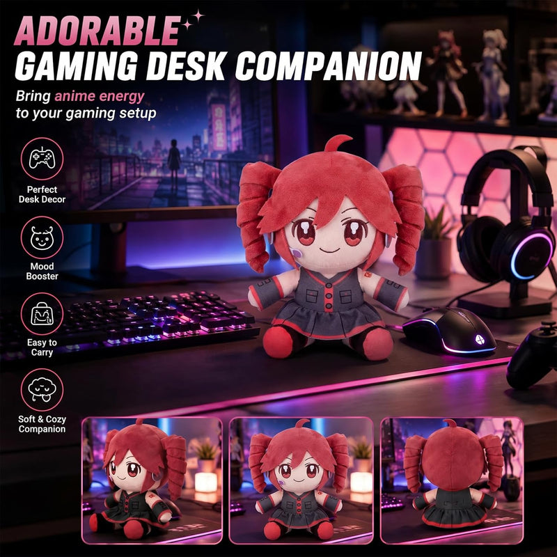 Collectible Pink Drill Twin Tail Girl Plush 22cm, Cute Anime Plush Character with 3D Twin-Drill Hair, Red and Black Outfit Figure Stuffed, Soft Anime Plushie Pillow Gift for Fans & Collectors