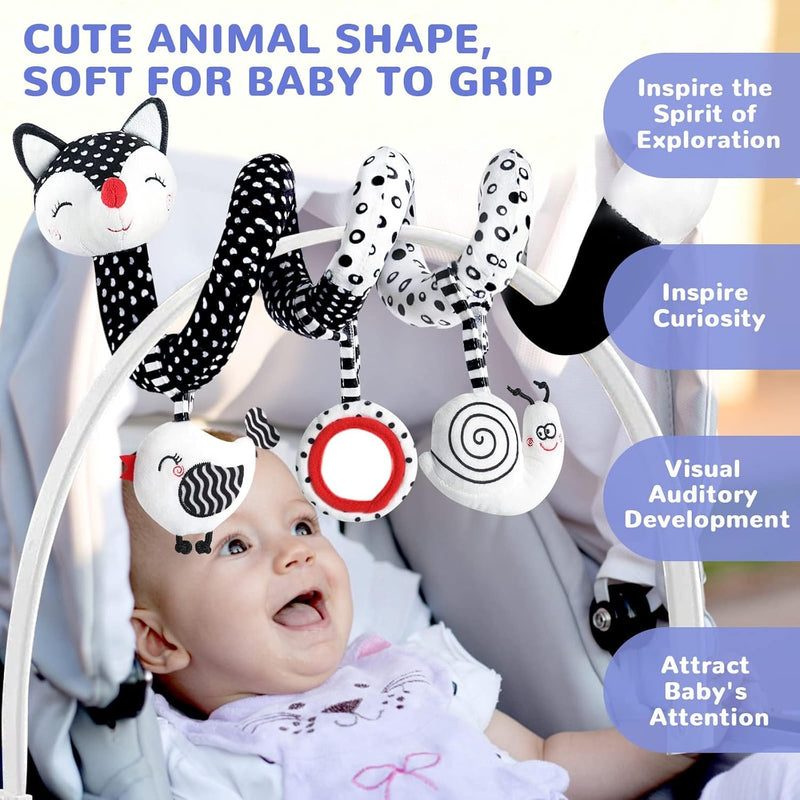 XIXILAND Baby Spiral Plush Toys, Black and White Baby Car Seat Toys, High Contrast Infant Newborn Toy 0-6 Months for Stroller Crib Mobile, Sensory Toy Best Gift for 0 3 6 9 12 Months Boys Girls