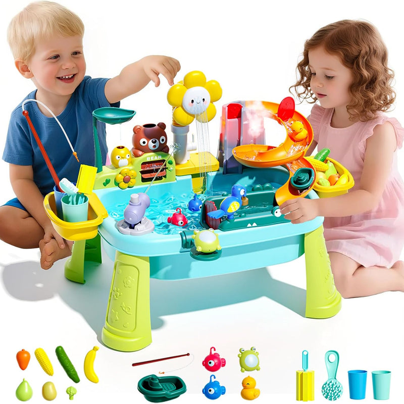 Ploomi Upgraded Toddler Sand Water Table Toy with Electric Water Pump, Kids Sand Water with Faucet/Play Food Accessories/Fishing Toy, Kitchen Play Sink Toys for Girl Boy Age 3+