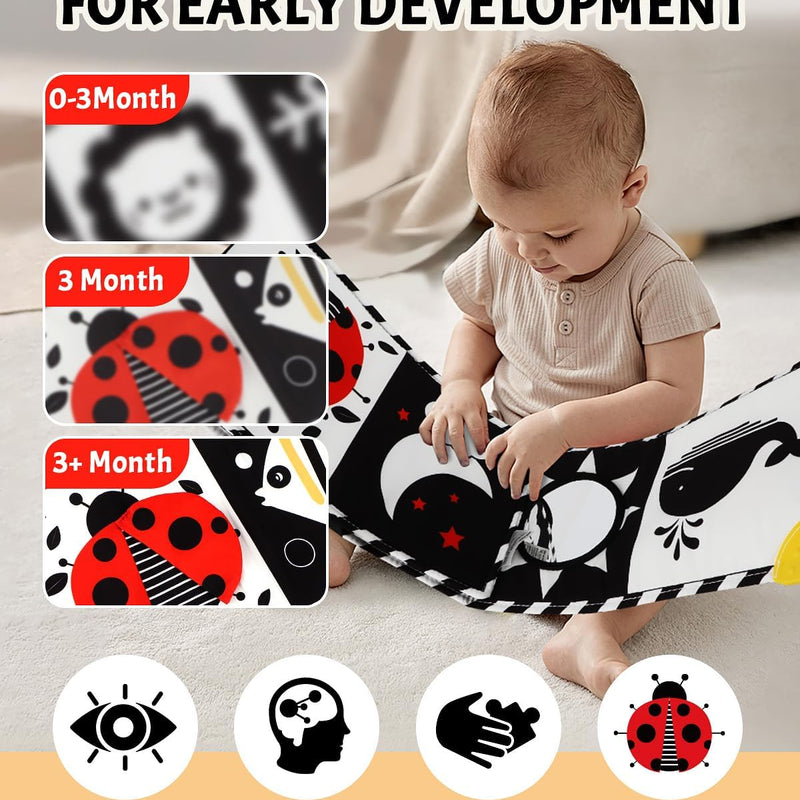 Tummy Time Toys, High Contrast Baby Book with Mirror & Teether for Newborn | Black and White Baby Toys for infant 0-6-12 Months, Visual Stimulation Soft Sensory Books, Baby Boy Girl Shower Gift