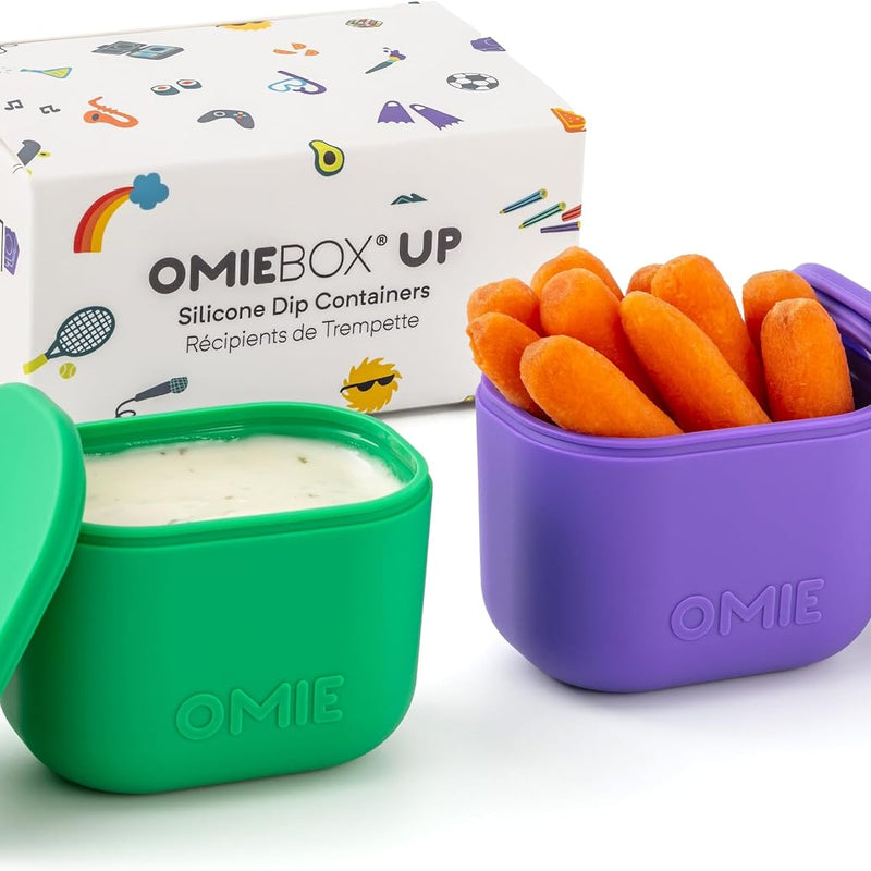 OmieBox (2 pack) Leakproof Dips Containers To Go, Salad Dressing Container, Condiment Container with Lids - Food Safe Silicone - 4 ounces (Blue/Lime)