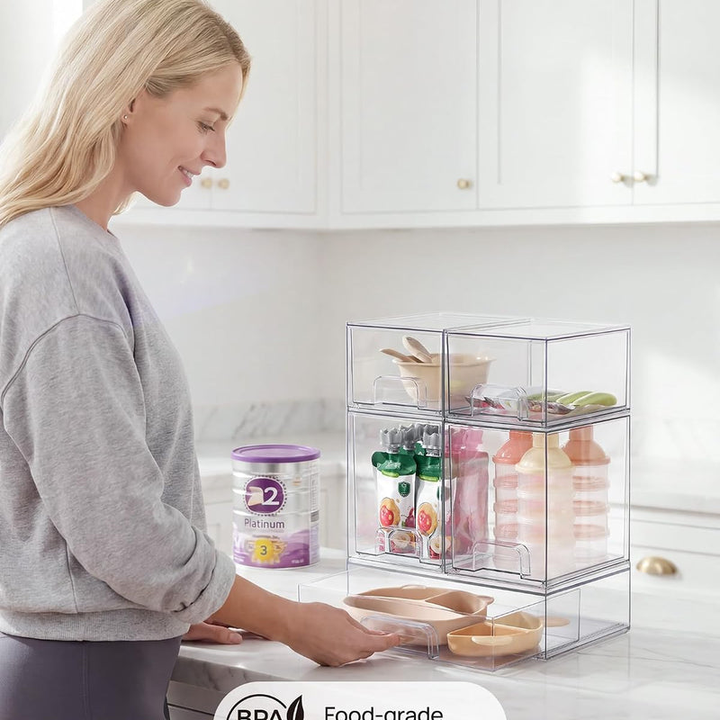Vtopmart Stackable Storage Drawers Set of 5, Clear Plastic Organizer Bins for Baby Bottle, Beauty Supplies Storage, Ideal for Kichen Countertop, Vanity, Bathroom, Cabinet, Pantry Organization