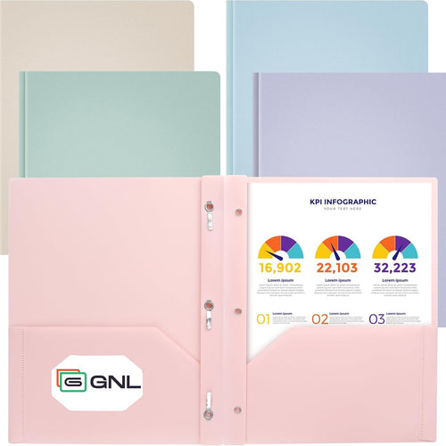 GNL Plastic Folders with Pockets and Prong, Pack of 5, Muted Pastel Colors, Heavy Duty 2 Pocket File Folders Letter Size, Folders with Prongs for School, Home, and Office