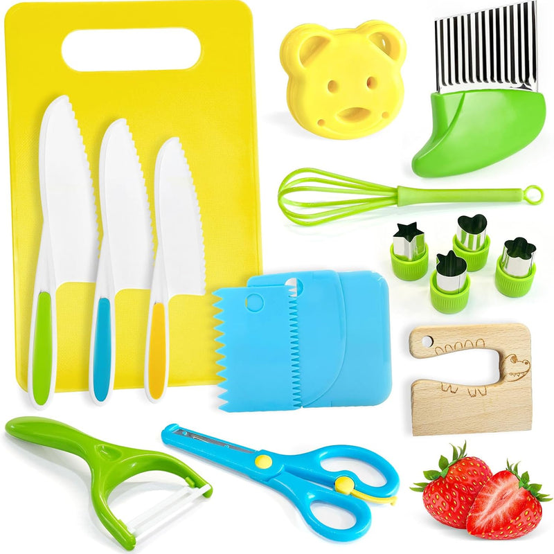 13 Pcs Kids Knife Set for Real Cooking Safe Kitchen Tools for Ages 4+ | Montessori Kitchen Toys Christmas Birthday Gifts for Boys and Girls (A)
