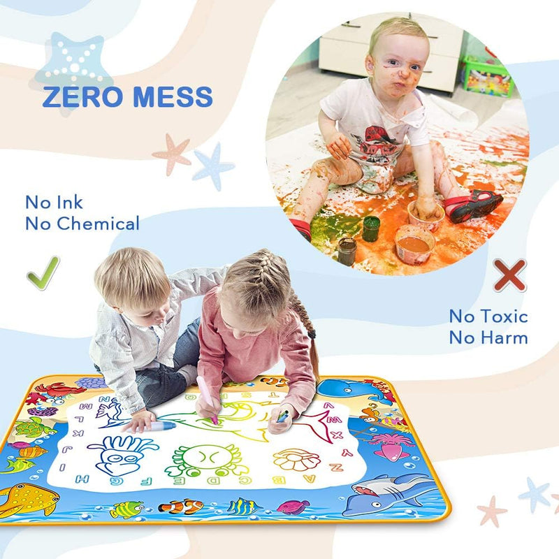 water doodle mat for kids with 6 magic pens, reusable, no ink, no paint, water-resistant