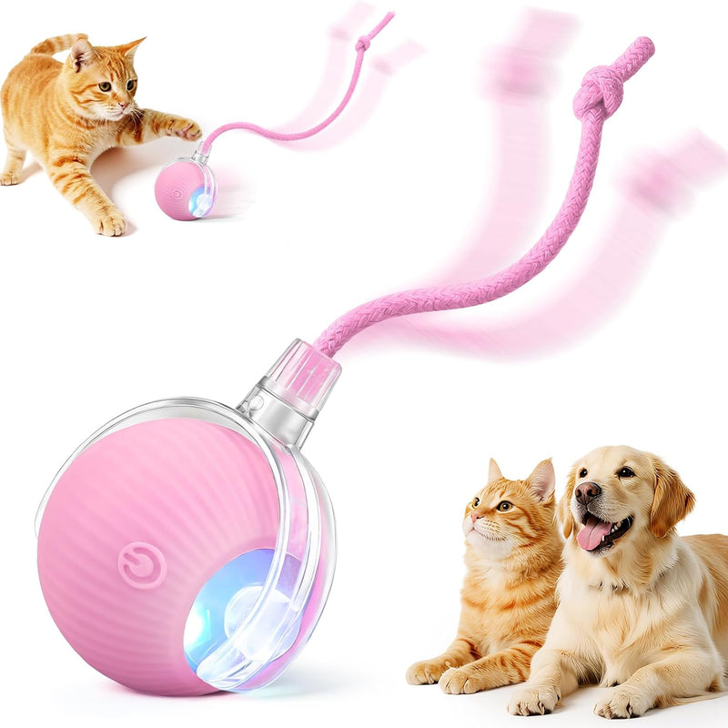 Smart Interactive Automatic Electric Rolling Moving Rechargeable Motion Activated Self Play Electronic Stimulation Chase Teaser Ball Toy with Rope for Indoor Bored Adult Cat and Dog Not Chewing, Pink