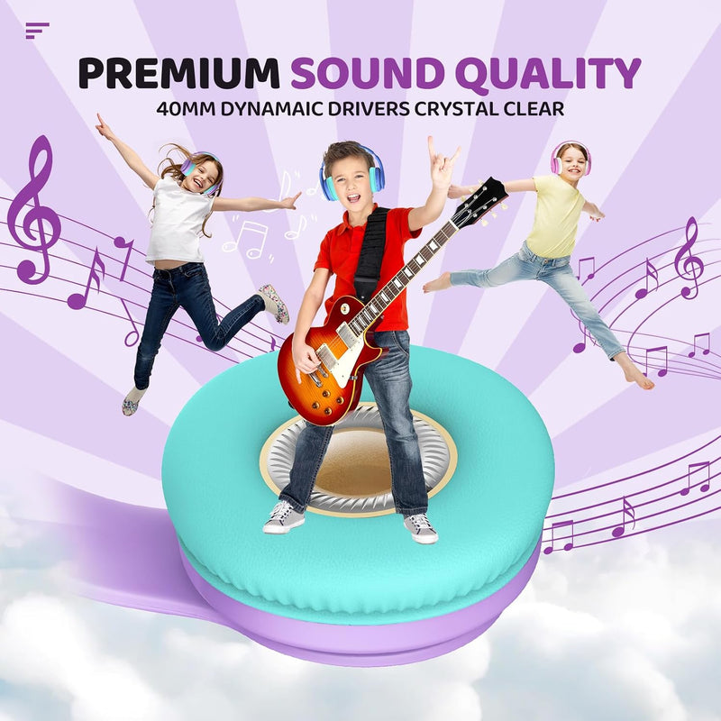 JoySpark Kids Bluetooth Headphones, Lightweight Wireless Headphones for Kids, 85/94dB Volume Limited, 60 Hours Playtime, Bluetooth 5.3, Over-Ear Toddler Headsets with Built-in Mic-Purple
