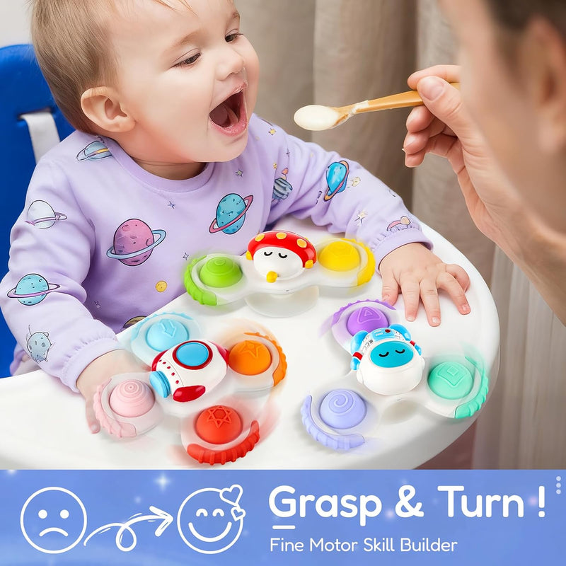 ALASOU 3PCS Pop Suction Cup Spinner Sensory Airplane Travel Toys for 1 Year Old Boy Girl Infant Toddlers|Novelty Spinning Tops 12 18 Months|1 2 Year Old Boy Birthday Gift|Baby Bath Toy Kids Ages 1-3