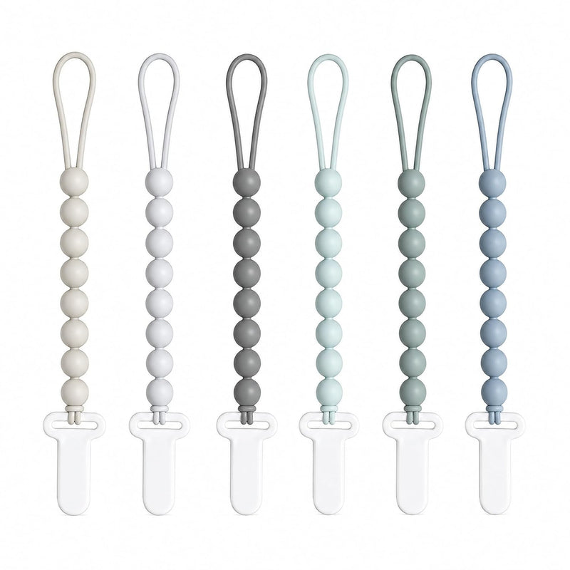 4-Pack Silicone Pacifier Clips with One-Piece Beads for Baby Boys and Girls - Flexible and Rust-Free Holders for Teething Relief and Baby Essentials, Safe for Newborns (Grey)